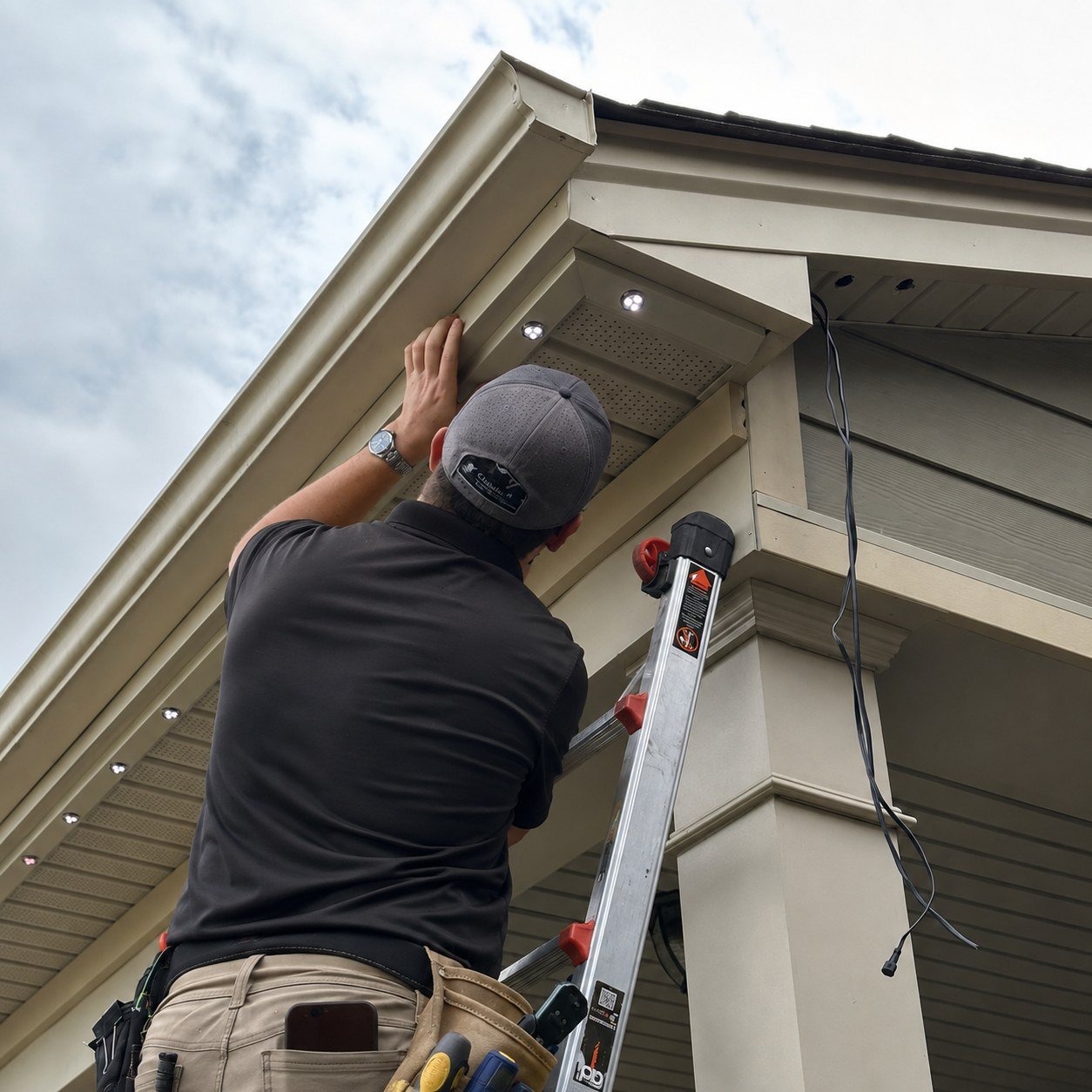 Professional permanent outdoor lighting installation on a North Carolina home